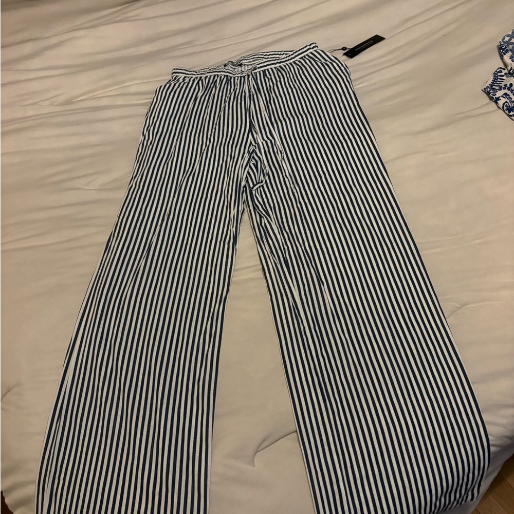 Women's Navy Striped Wide Leg Pants